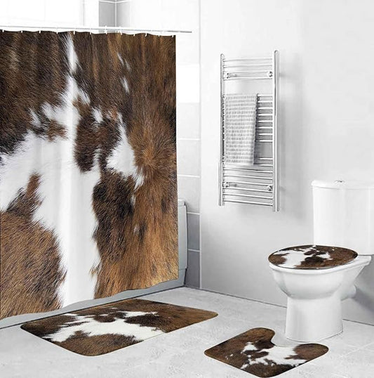 TOMWISH Western Bathroom Shower Curtain Set,Cowhide Print Bathroom Rug Shower Curtain Toilet Lid Cover and Bath Mat Farmhouse Brown Animal Print Bath Accessories Décor with 12pcs Hooks