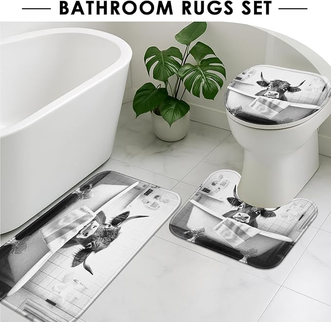 ArtSocket Highland Cow Bathroom Set with Shower Curtain and Rugs and Accessories, Funny Farmhouse Bull in Bathtub Cute Grey Shower Curtain for Bathroom Decor 4 Pcs