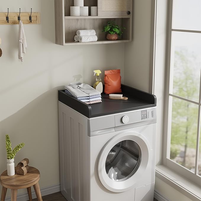 Washer Dryer Countertop, 27.5" D x 27.5" W x 3.2" H, Countertop for Washer and Dryer with Non-Slip Pads and Round Corner Edge Rails, Laundry Room Organization(Black)