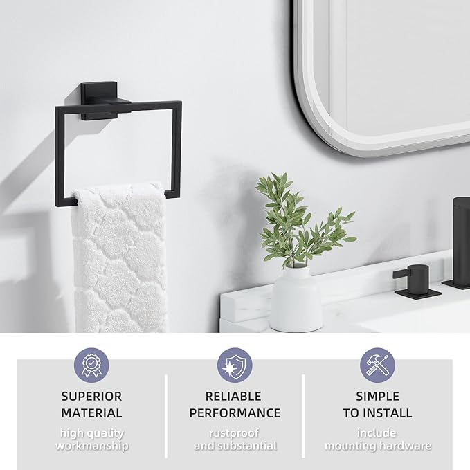 Angle Simple Towel Holder Matte Black, Stainless Steel Square Hand Towel Ring Rack Hanger for Bathroom Wall Mount, 7.09 Inches