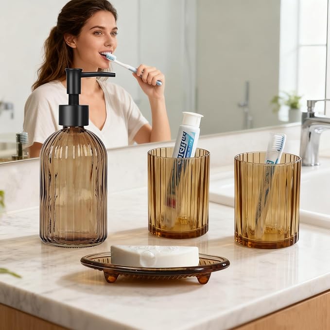 Glass Bathroom Accessories Set, 4Pcs Soap Dispenser Set Includes Soap Dispenser, Toothbrush Holder, Mouthwash Cup, Soap Dish for Home Decor, Countertop Vanity Organize (Brown)