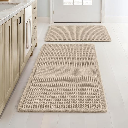 MIULEE Set of 2 Waffle Bathroom Rugs, Boho Bath Rugs Non Slip Washable, Super Absorbent Bath Mats, Ultra Soft Rubber Backed Shower Mats for Bathroom Floor, Tub, Pale Beige, 17"x24"+18"x30"