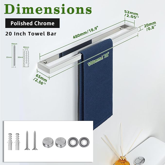 Alise 20 Inch Towel Bar,Towel Holder for Bathroom, Towel Racks for Lavatory,SUS304 Stainless Steel Hand Towel Hanger,Wall Mount Towel Rail,Polished Chrome