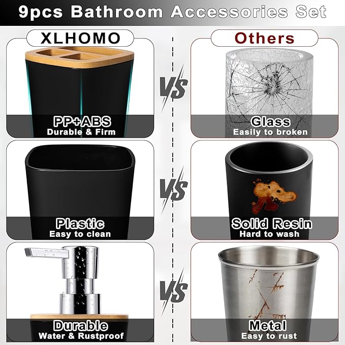 XLHOMO Bathroom Set Black Bathroom Trash Can, 9 Piece Bathroom Decor Toothbrush Holder, Cup, Lotion Dispenser, Tray, Soap Dish, Toilet Brush, Qtip Holder