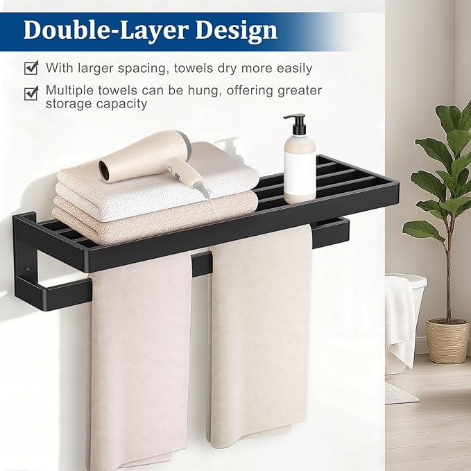 TNOMS Matte Black Towel Rack 23.6-inch Towel Bar Double Towel Holder Stainless Steel Bathroom Hardware Accessories Set