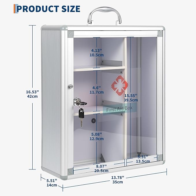 Garvee Large Lockable Medicine Cabinet with Handle,Protable First Aid Cabinet Wall Mount with Sticker for Bathroom,13.78"×5.51"×16.53",Sliver