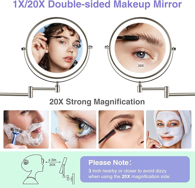 GREENFROM Magnifying Mirror with Lights 1X/20X: 8.5" Double Sided 3000mAh Rechargeable Wall Mounted Lighted Makeup Mirror for Bathroom, Brushed Nickel