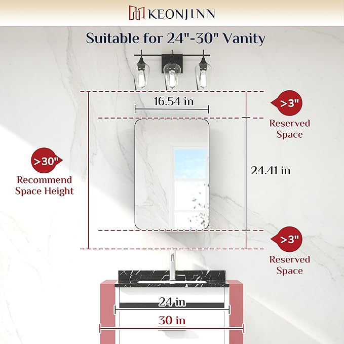 Keonjinn Brushed Nickel Medicine Cabinet for Bathroom, 16 x 24 Inch Medicine Cabinet with Mirror, Stainless Steel Framed, Stepless Adjustable Shelves, Recessed or Wall Mount, Sturdy, Rounded Rectangle