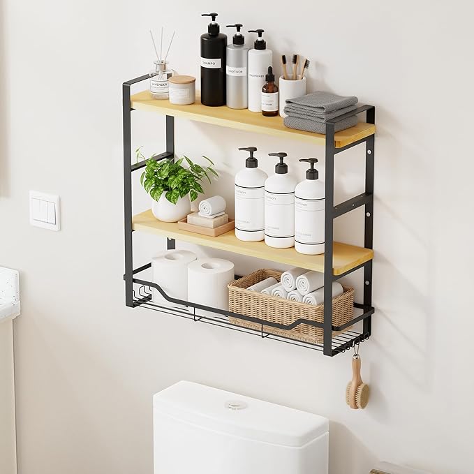Bathroom Shelves Over Toilet Storage - 3 Tier Large Wall Mounted Shelves for Bathroom - Over Toilet Organizer - Adjustable Stand Shelf Rack for Kitchen Living Room - Black Oak