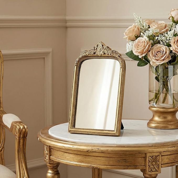 10" x 7" Small Gold Mirror for Desk, Vintage Ornate Antique Vanity Mirror, Baroque Desktop Standing Mirror, Aesthetic Room Decor