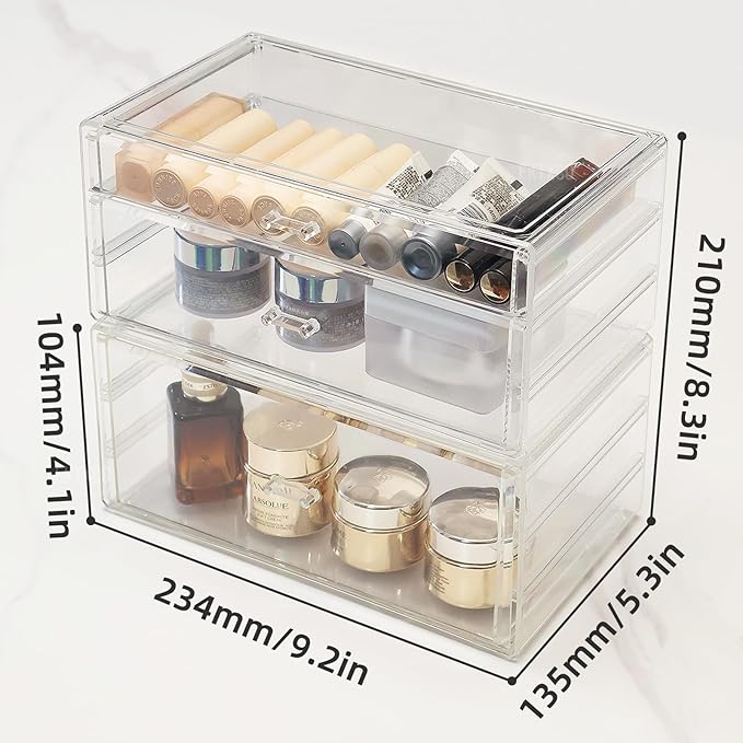 Clear Stackable Makeup Storage Organizer Drawer, Acrylic Plastic Organizers Bins, Vanity Countertop Containers, Cosmetic Holder Display Case for Vanity, Bathroom,Cabinet,Desk Organization