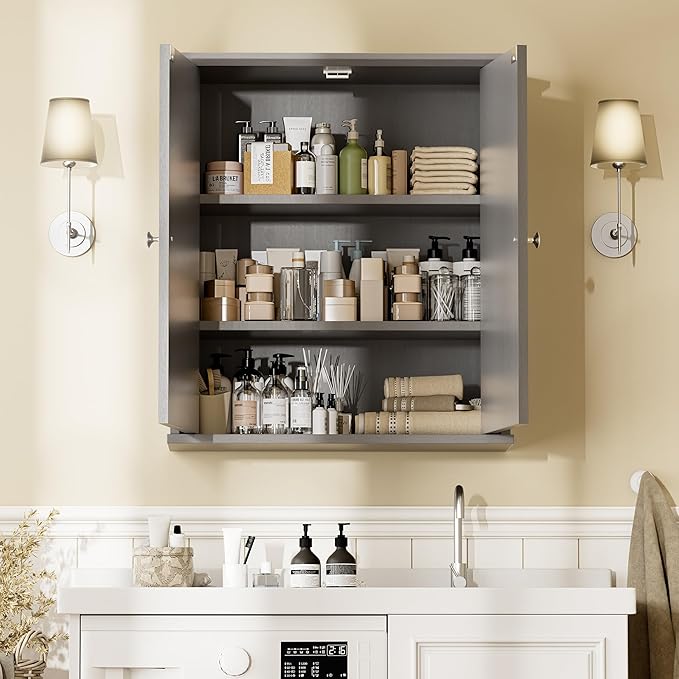 Walsunny Bathroom Medicine Cabinet Wall Mount with 2 Doors and 2 Shelves, Small Bathroom Cabinet Wooden Storage Cabinet Over Toilet Restroom Laundry Room Kitchen, Grey