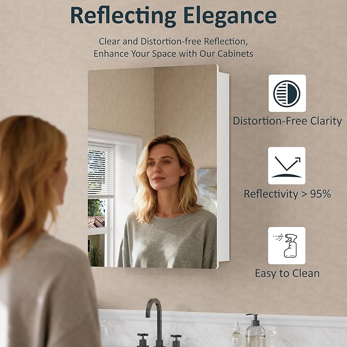 20x28 Inch Medicine Cabinet with Mirror, Recessed or Surface Mounted Bathroom Cabinets for Storage, 2 Fully Adjustable Tempered Glass Shelves, Soft-close DTC Hinges, HD Reflection Mirror Door, White