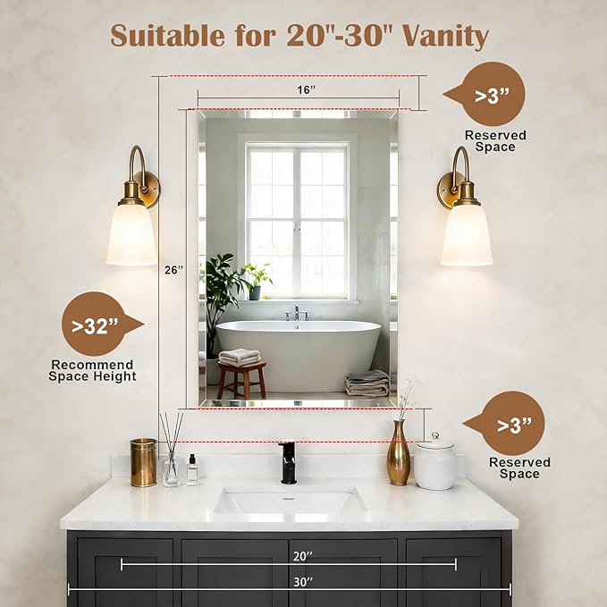 16x26'' Bathroom Medicine Cabinet Mirror with Storage, Surface Mount or Recessed Medicine Cabinet with 4-Tiered Adjustable Tempered Glass Shelves