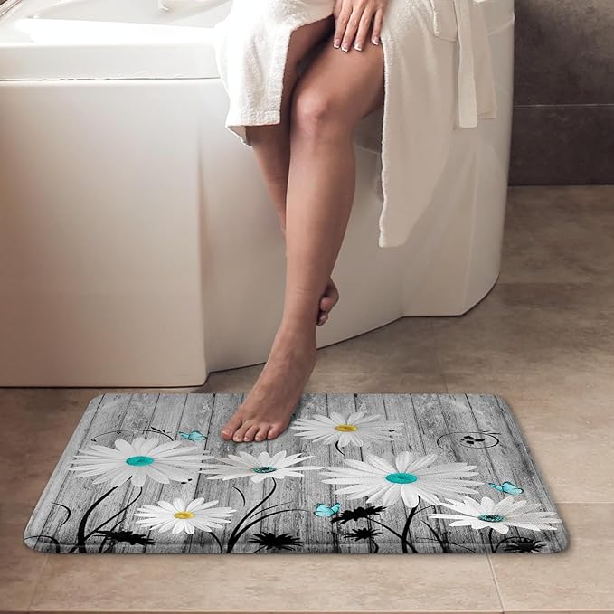 ArtSocket Flower Daisy Bathroom Set with Shower Curtain and Bath Rugs and Accessories,Gray Wooden Boards Non-Slip Shower Curtain Set,Bathroom Decor 3 Pcs