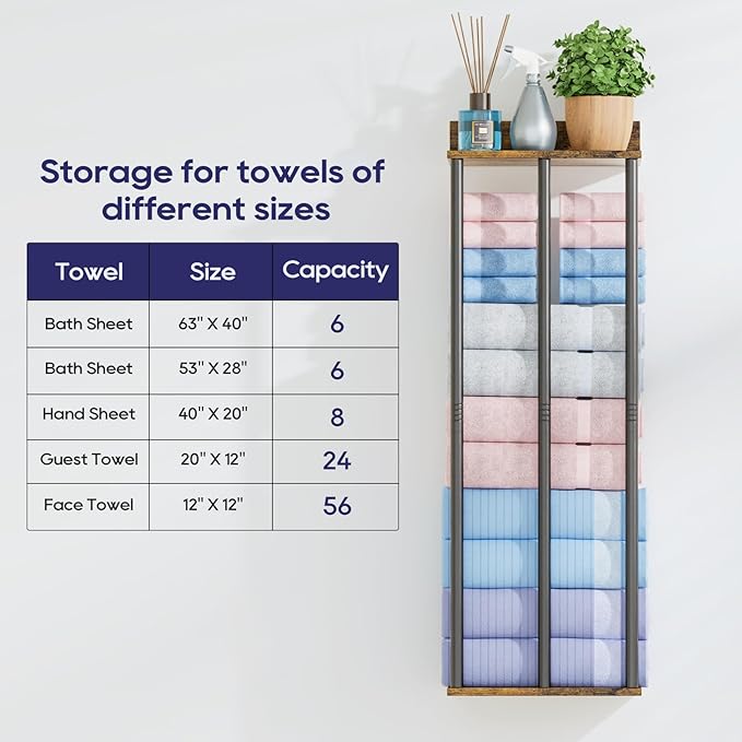 Towel Rack with Shelf – Modern Towel Holder for Bathroom Wall Mounted, Holds 6 Large Bath Towels, Rolled Towel Organizer for Bathroom, Laundry Room, and Small Space Storage，Vintage Color