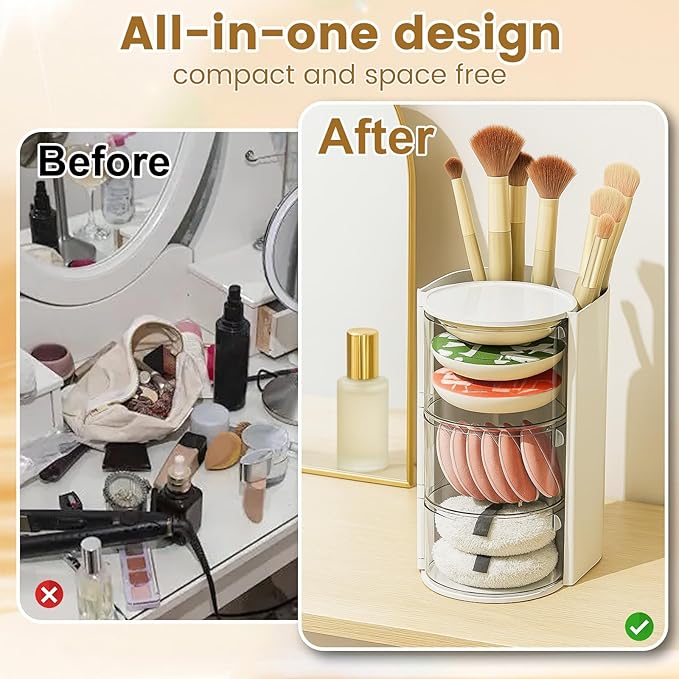 Rotating Makeup Organizer with Brush Holder, DIY 3-Layers Drawer Skincare & Cosmetic Organizers for Vanity Bathroom Countertop, Easy to Store Puff, Lipsticks, Nail Polishes, Perfumes