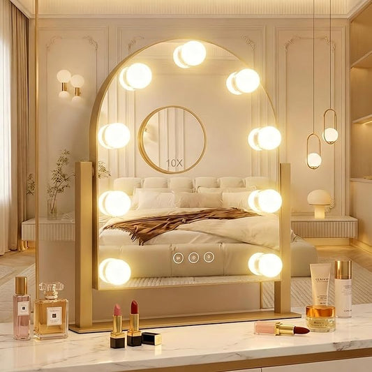 Arched Makeup Vanity Mirror with Lights LED Makeup Mirror Detachable 10X Magnification, Hollywood Make Up Mirror with Lighting, Smart Touch, Rechargeable,360° Rotation, Gold 14.17"x 11.81"