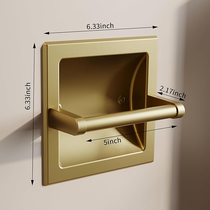 Recessed Gold Toilet Paper Holder, in Wall Toilet Paper Holder Pivoting, Gold Wall Mount Toilet Paper Roll Holder, Bathroom Brushed Brass Stainless Steel Tissue Holder