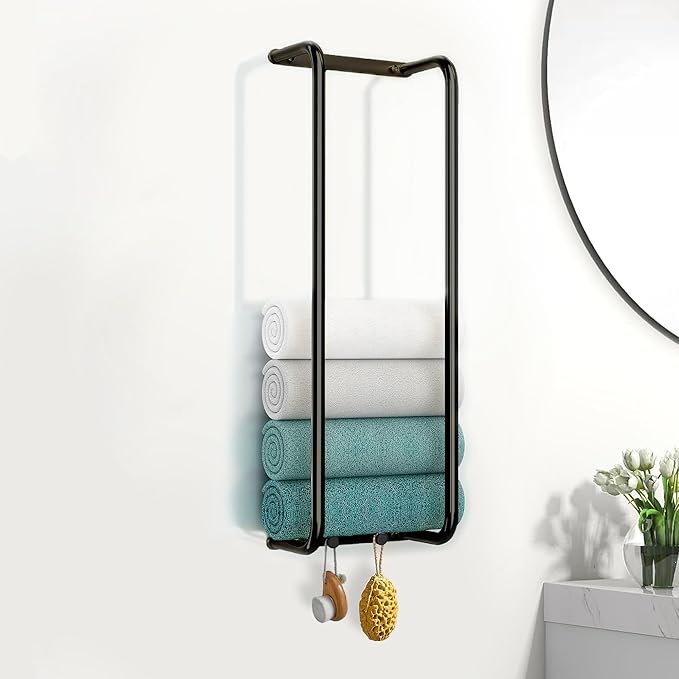 Towel Racks for Bathroom, 304 Stainless Steel Towel Rack Wall Mounted, Bathroom Towel Holder with Hooks, Towel Holder for Bathroom Wall for Storing Towels, Robes, Black