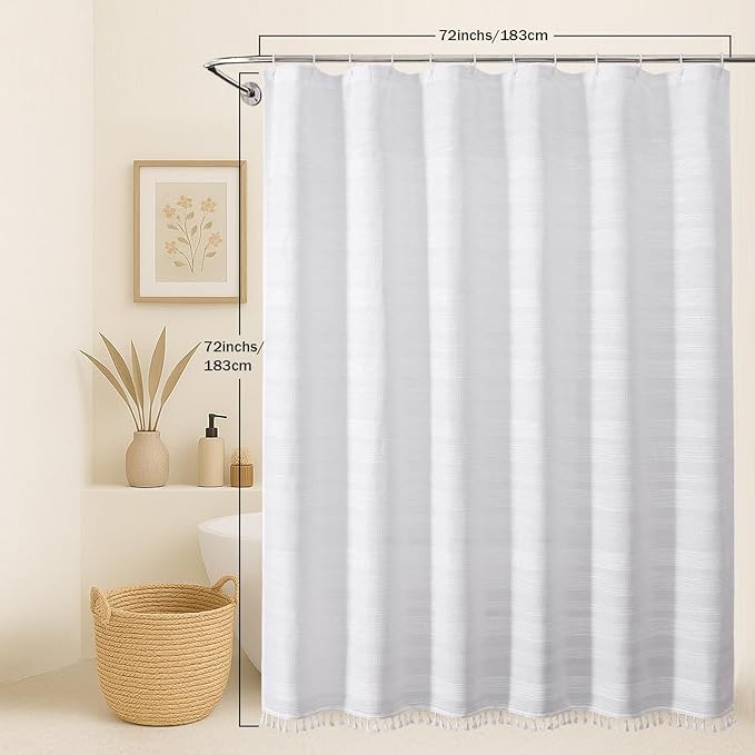OVZME White Boho Shower Curtain 72 Inch Long, Modern Farmhouse Rustic Striped Fabric Shower Curtain with Tassel, Heavy Duty Vintage Country Bathroom Decoration, 72Wx72L Inches