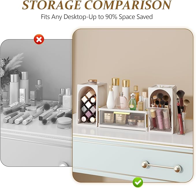 FOLLOWIN Compact Makeup Organizer Set, Lipstick Holder with Grid,Makeup Brush Organizer with Flip Drawer, 2 Ways to Arrange, Milk White Vanity Countertop Storage with Detachable Drawer for Cosmetics