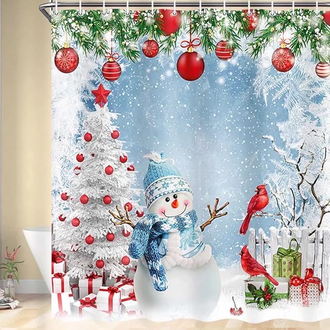 NBVKO Christmas Snowman Waterproof Set Shower Curtain,with Non-Slip Rugs,Toilet Lid Cover and Bath Mat,Bathroom Decor Accessory Set