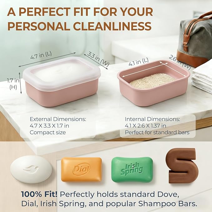 AIMAIAIMAI Compact Leakproof Travel Soap Case, Silicone Travel Soap Container, Portable Soap Box with Drainage Layer, Shatterproof Soap Holder for Bathroom, Gym (Pink)