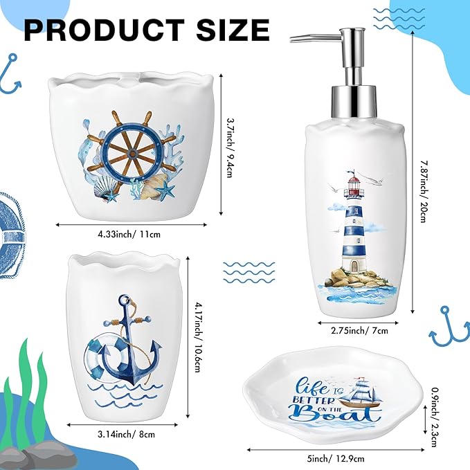 Newtay Nautical Bathroom Accessories Set of 4, Coastal Lighthouse Compass Anchor Sailboat Tumbler Soap Dispenser Toothbrush Holder Soap Dish for Ocean and Sea Coastal Theme Bathroom Decoration