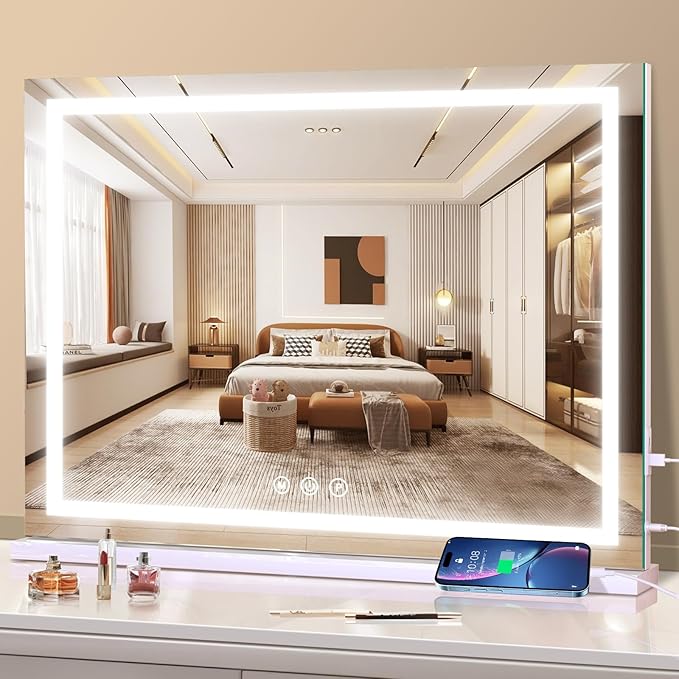 halumao Vanity Mirror with Lights, 31.5" x 23.6" Large Makeup Mirror with LED Lights, Smart Touch Dimmable 3-Color Light, Memory Function, USB Charging Port