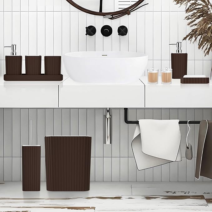 XLHOMO Bathroom Accessories Set - Gorgeous Bathroom Set, 10PC Brown Bathroom Accessories, Bathroom Accessory Set, Toilet Brush, Trash Can, Qtip Holder Dispenser & Soap Dispenser