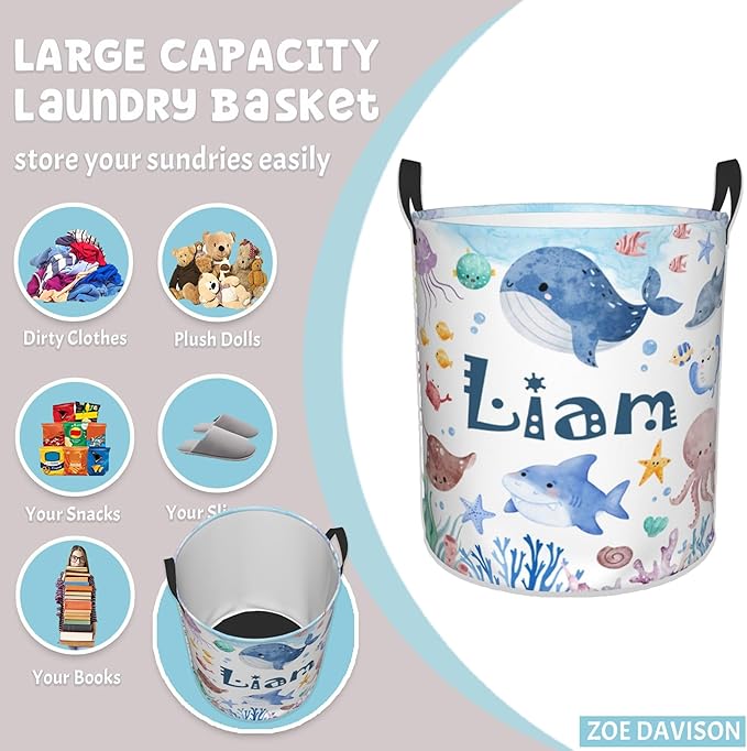 Personalized Laundry Hamper, Ocean Themed Laundry Baskets with Custom Name, Collapsible Hamper for Kids Adults Home Decoration,16.5 X 13.8in