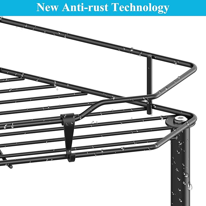HuggieGems 2 Tier Floor Standing Corner Shower Caddy Organizer Shelf with Hooks, Bathroom Shelves Stand Rack, Matt Black
