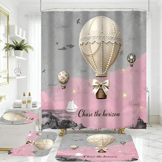 jieprom 4 Piece Pink and Grey Shower Curtain Set with Rugs, Vintage Pearl & Lace Hot Air Balloon Art, Romantic Travel Aesthetic Bathroom Decor, Non-Slip Mats & Toilet Lid Cover, Waterproof Fabric