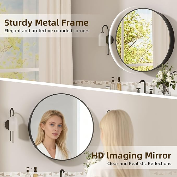 28 x 28 Inch Round Medicine Cabinet with Mirror,Black Circular Bathroom Cabinet Wall Mounted,Metal Framed Mirror Medicine Cabinet with Adjustable Shelves for Bathroom Vanity