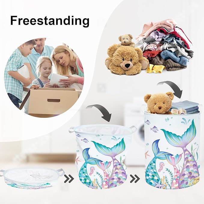 Fantasy Princess Laundry Hamper Colorful Large Storage Basket Collapsible Parents Organizer Kids Toy Clothes Bins for Bedroom, Bathroom, Mermaid, 63L