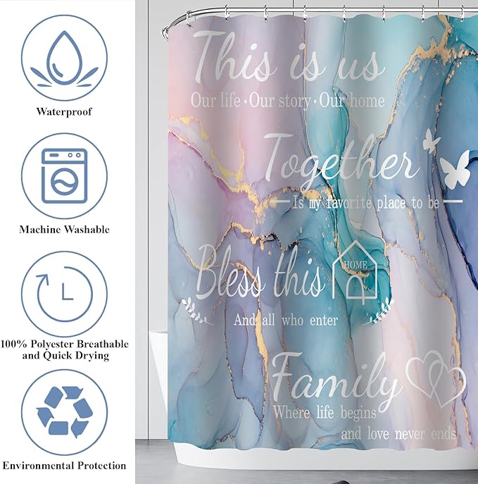 juwute 4Pcs Family Marble Shower Curtain Sets with Rugs,Pink Blue Home Inspirational Bathroom Decor Set, Bathroom Sets with Shower Curtain and Rugs, Waterproof Bathroom Shower Curtains, with 12 Hooks