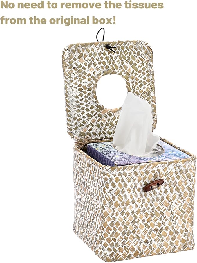 Sumnacon Tissue Box Cover Square Seagrass Tissue Box with Lid, Woven Tissue Box Holder Rustic Cube Tissue Cover for Bathroom Toilet Bedroom Living Room Kitchen Table Desk Office Car, Whitewash