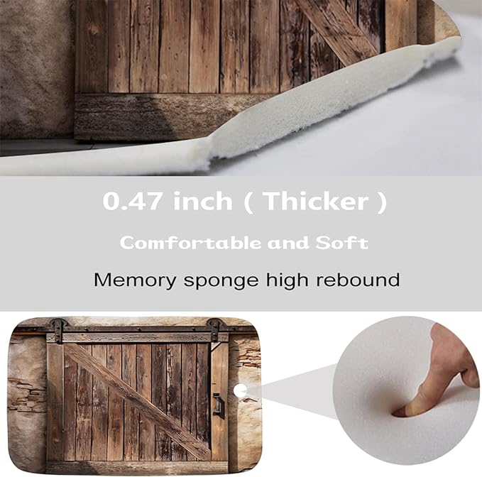 Farmhouse Wooden Barn Door Rustic Bathroom Rugs and Mats Sets 3 Piece, Large Imitation Cashmere Bath Mat, U-Shaped Contour Shower Mat Non Slip Absorbent, Velvet Washable 20 x 31 inch