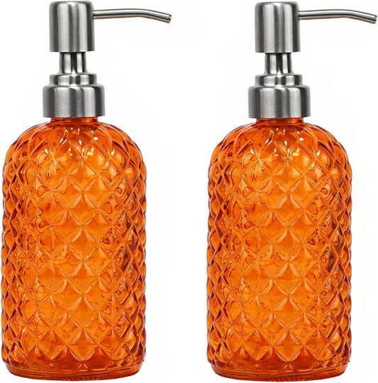 16 oz Diamond Pattern Glass Soap Dispenser, Kitchen and Bathroom Refillable Soap Dispenser with Rust Resistant Stainless Steel Pump for Hand Soap, Lotion Glass Liquid Dispenser (2pack)