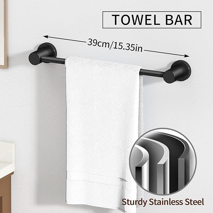 STWWO 4-Pieces Bathroom Hardware Set Black, Stainless Steel 16 Inch Towel Bar Set, Towel Racks for Bathroom Wall Mounted