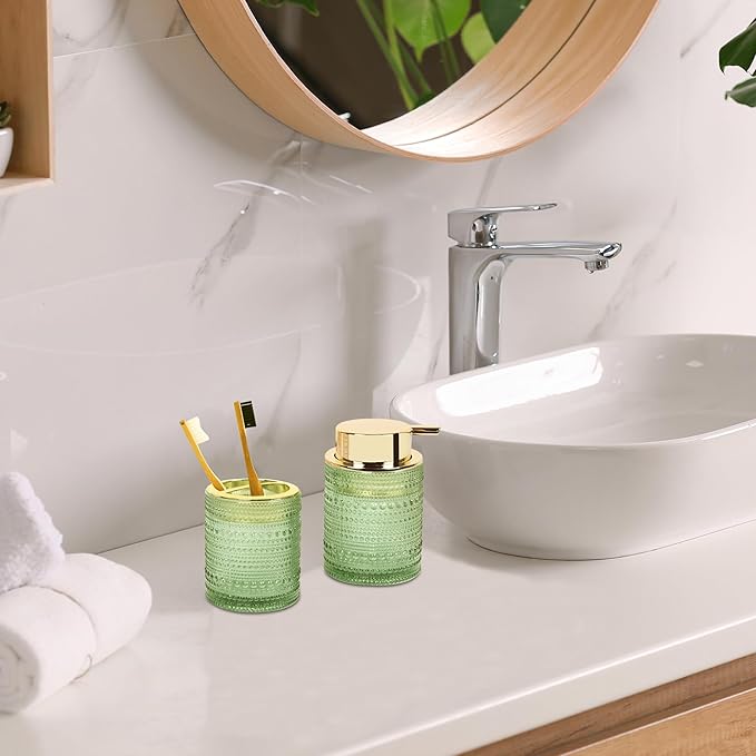 FEILANDUO Bathroom Accessories Set,4Pcs Glass Bathroom Accessories,Vanity Bathroom Decor, Soap Dispenser, Toothbrush Holder Set, Apothecary Jar, Gift for Home Apartment (Green A)