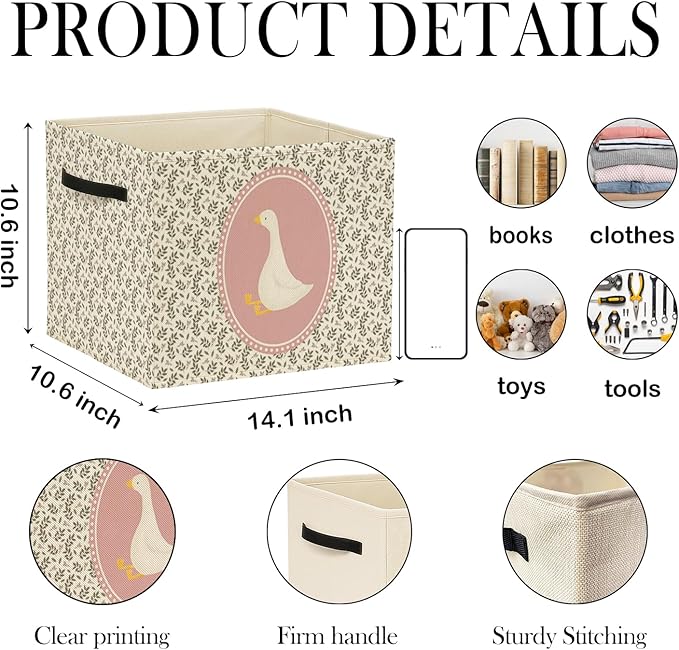 Pink Goose Nursery Storage Bin Box with Handles, Cottagecore Cute Goose Flower Foldable Baskets Organizer for Kids Girls Room Nursery Bathroom Clothes Toys Books, Toybox for Girls