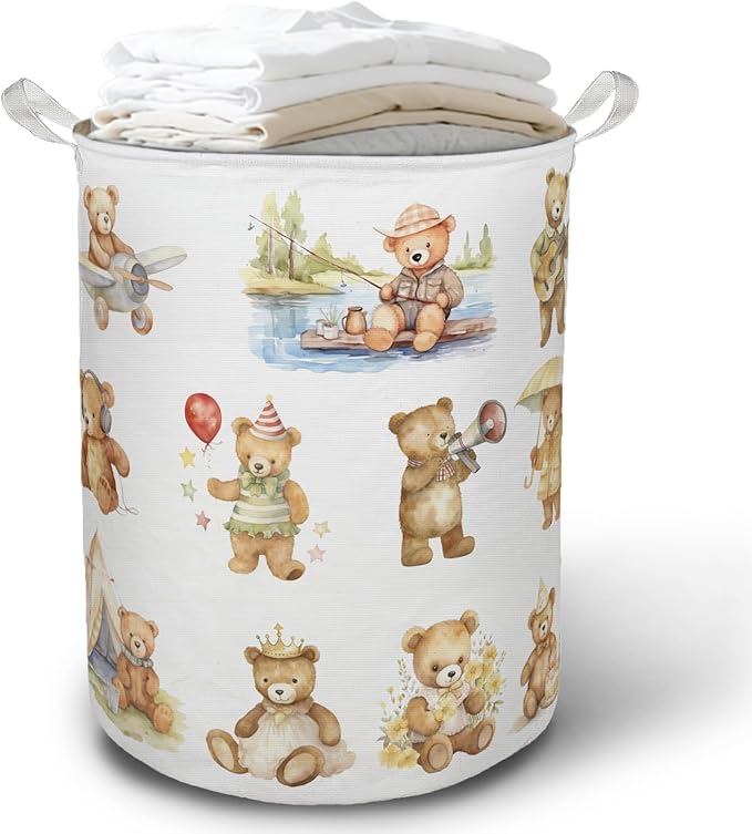 Teddy Bear Sports Laundry Basket Hamper, Bear Nursery Decor, Kids Foldable Clothes Toys Books Storage Box Bins Baskets Organizer for Toddler Kids Bedroom Playroom Bathroom