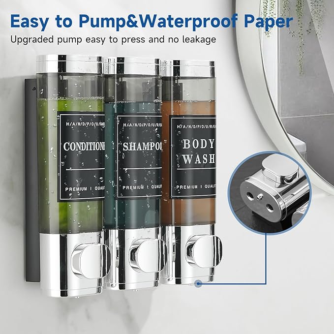 Unisense Shower Soap Dispenser 3 Chamber No Drill Shampoo and Conditioner Dispenser Wall-Mounted Shampoo Dispenser for Shower Wall Mounted Shower Dispenser for Bathroom Hotel Large Capacity,Chrome