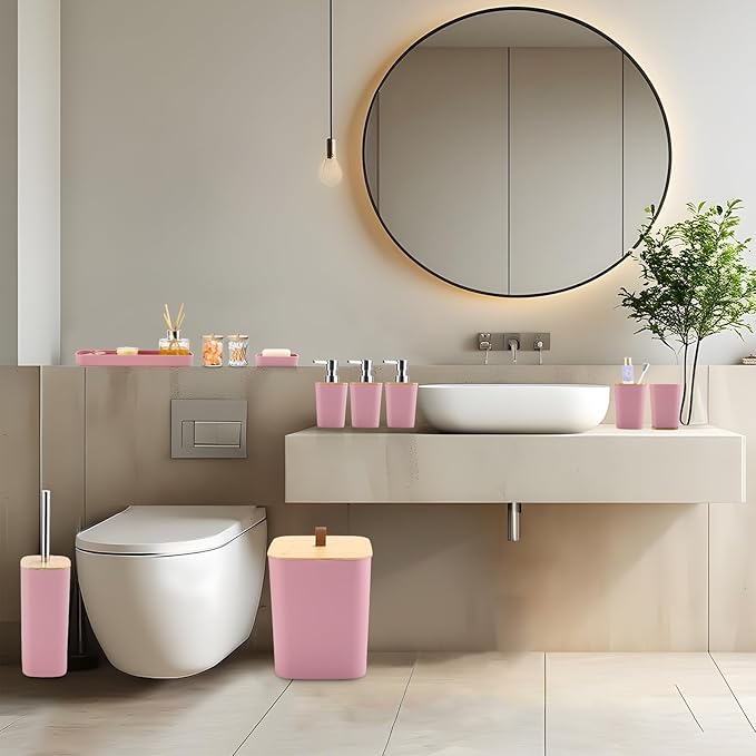 XLHOMO Bathroom Sets with Shower Curtain and Rugs, 27PCS Pink Bathroom Accessories Set with Trash Can, Pink Shower Curtain Set, No Slip Super Absorbent Bathroom Rugs