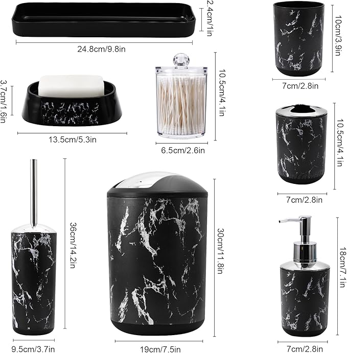 XLHOMO Black Marble Bathroom Accessories Set, Black Bathroom Set with Trash Can, Vanity Tray, Soap Dispenser, Soap Dish, Toothbrush Holder, Toothbrush Cup, Toilet Brush and Qtip Holders for Bathroom
