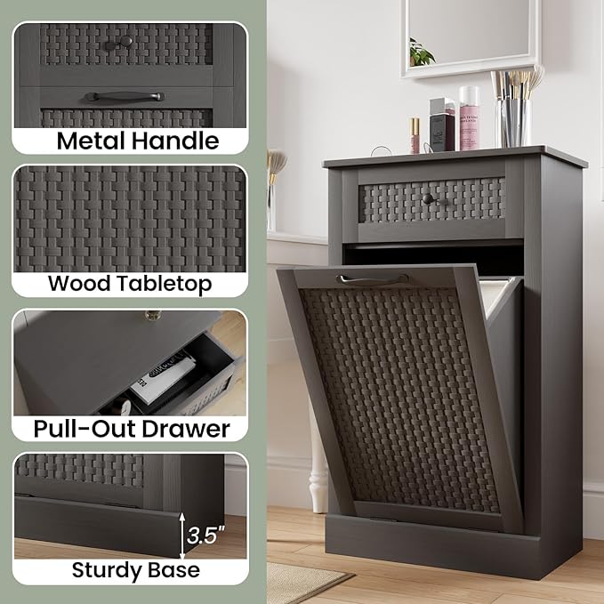 Tilt Out Laundry Hamper Cabinet, Rattan-Style Laundry Room Organization with Removable Laundry Basket, Hidden Wood Dirty Clothes Hamper with Drawer, 21.6" L x 13" W x 35.8" H, Gray