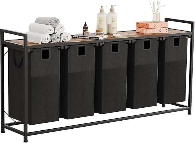 LIVEHOM Laundry Basket Five Laundry Hamper with Removable Bags, Fabric Handles, Large Top Shelf and Laundry Bag for Bathroom, Dorm, Laundry Room