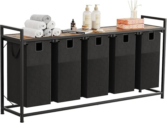 LIVEHOM Laundry Basket Five Laundry Hamper with Removable Bags, Fabric Handles, Large Top Shelf and Laundry Bag for Bathroom, Dorm, Laundry Room